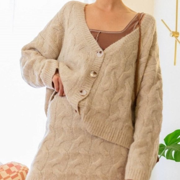 Oatmeal So comfy Cable Knit Button Up Cardigan Top with High Waist Skirt Set - Picture 5 of 9